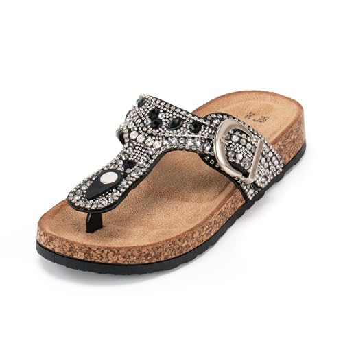 JOMIX Damskie klapki korkowe eleganckie wygodne letnie kapcie w stylu boho z nowoczesną antypoślizgową podeszwą WCI250332, czarne, 37 EU
