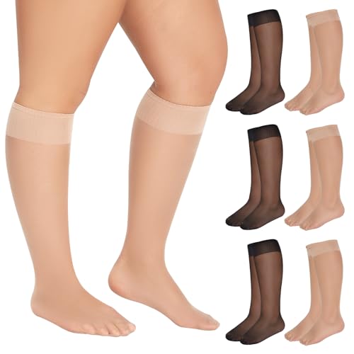 MANZI 15D Plus Size Knee High Socks Ladies Sheer Wide Calf Nylons Pop Socks for Women 6 Pairs Black and Natural XXXL-XXXXL