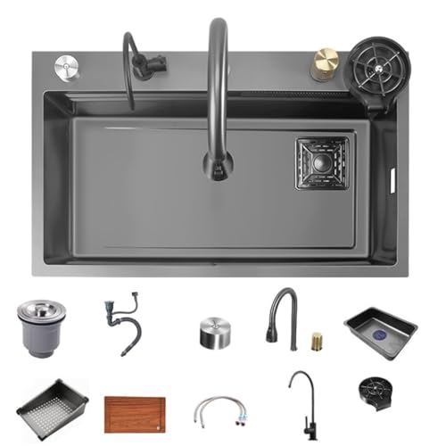 304 Stainless Steel Kitchen Sink One-Piece Handmade Basin Sink Pull-Out Faucet Sink Set Undercounter Washbasin Large Single Sink (Size : 75 * 46cm)