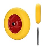 Gimisgu Roue de Brouette Pneumatique, 4.80 4.00-8 Ø390 mm en caoutchouc plein avec essieu, Charge maximale 200 kg, Roue de rechange en caoutchouc anti-crevaison, Jaune/Rouge
