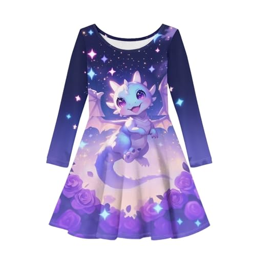 Cute Dragon Dresses for Kids Girl 4-14T Long Sleeve Midi Dress Fall Casual Dresses 2025 Round Neck Sundress