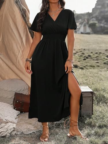 Plus Size Maxi Dress for Women Wrap V Neck Short Sleeve Smocked High Waist Side Split Flowy A Line Casual Elegant Long Dress2