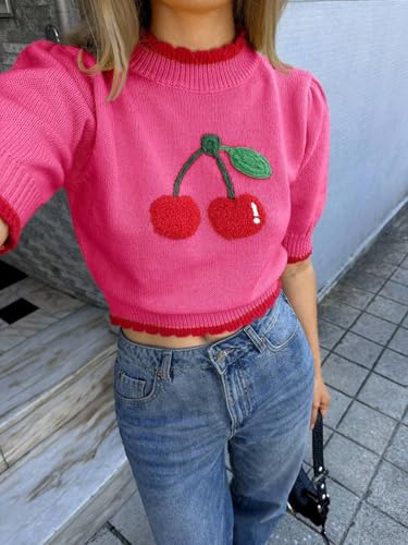Women Cute Puff Short Sleeve Cherry Graphic Sweater Trendy Mock Neck Color Block Patterned Knit Cropped Tops Fall3