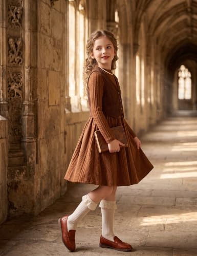 Image of Arshiner Girls Dresses Long Sleeve A Line Knit Sweater Dress with Pockets