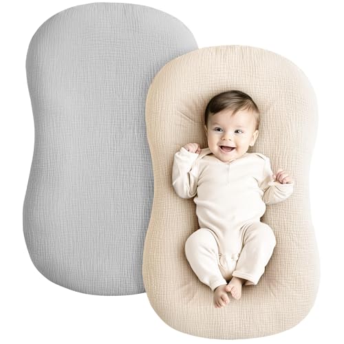 Image of Konssy Muslin Baby Lounger Cover 2 Pack, 100% Cotton Newborn Lounger Cover, Soft and Breathable Baby Nest Slipcover for Boys Girls (Grey,Wheat)