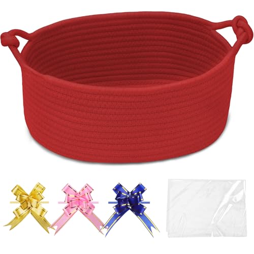 COMSE Gift Basket Empty Small Woven Basket with Gift Bags and Ribbons Nursery Bin to Fill with Small Items Baby Pet Toy Organizer Box 12 x 8 x 5 Solid Red