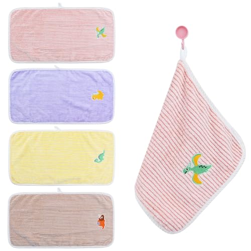 Homiliky 4 Pcs Soft Kids Washcloth Towels with Embroidered, Multicolor Children's Facial Towel, Cotton Baby Face Washer Hand Towels Cute Dinosaurs 25 x 50 CM