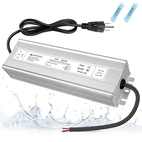 Image of 24V 280W LED Power Supply, IP67 Waterproof LED Driver, AC 110V to DC 24 Volt 11.7A Converter, Outdoor Low Voltage Transformer for LED Strip Light, Landscape Lighting, 3-Prong Plug with 3.3 FT Cable