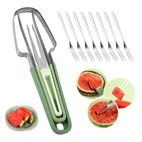 3 en 1 Tenedor Cortador de Sandía, Uso Múltiple Cortador de Paletas de Sandía con Tenedor Fruta de 10uds Práctico Cuchillo para Melón Acero Inoxidable Herramienta de Corte Utensilios Cocina