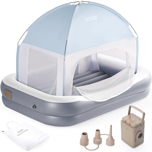 OGERY Inflatable Toddler Travel Bed with Cordless Rechargeable and Detachable Air Pump and Tent, Portable Kids Air Mattress with 4 Sides Safety...