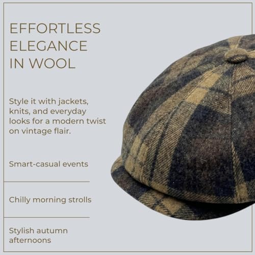 Image of The Tie Hub Wool Flat Cap for Men & Women | Adjustable Vintage Newsboy Gatsby Hat for Casual, Travel, Outdoor | Free Size Herringbone Ivy Style Cap