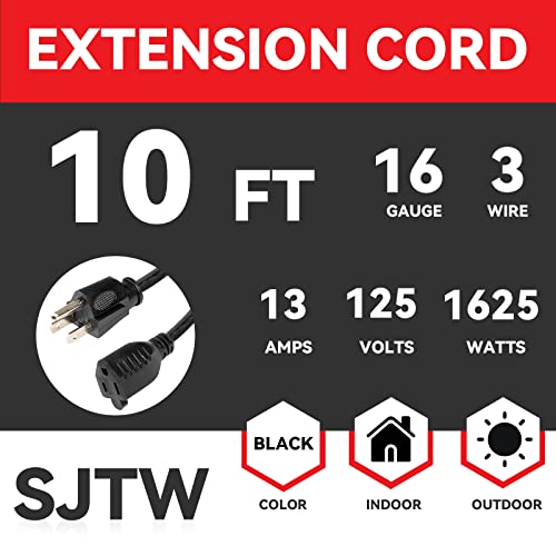 Ep 10 Ft Outdoor Extension Cord - 16/3 Sjtw Durable Black Electrical Cable With 3 Prong Grounded Plug #TOP1