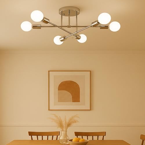 Brantoo Ceiling Lights, 6 Lights Modern Chandelier Ceiling Light Fixtures, E27 Sockets Industrial Sputnik Ceiling Light for Living Room Sitting Room Bedroom Kitchen Office Hallway (Silver)