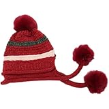 Verschluss: Pull On. Kangqifen Damen Winter Gestreifte Fleece Gefüttert Warme Strickmütze Bommelmütz Gestrickte Mütze mit Ohrenklappen 3 Pompon (Rot)