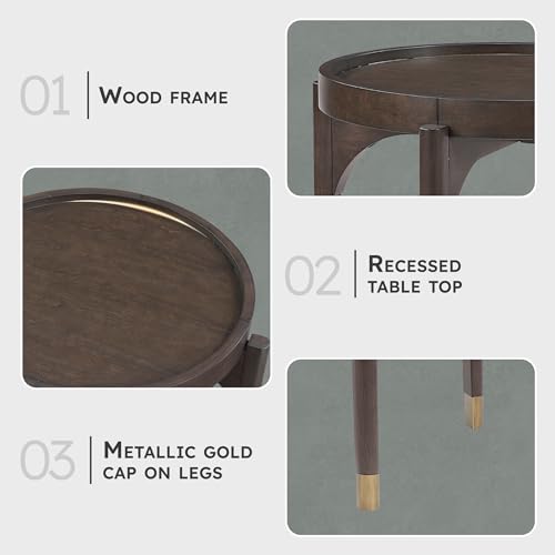 Lexicon Wood Round End Table with Gold Metal Cap, 36" Dia. Mid Century Modern Round Birch Wood Veneer Sofa Side Table for Contemporary Living Room, Easy Assembly, Dark Brown by Lexicon - Image 2