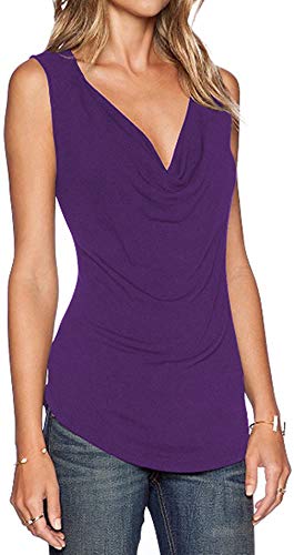 Sarin Mathews Women's V Neck Ruched Sleeveless Sexy Blouse Stretch Tank Tops Purple M