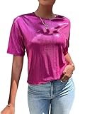 WDIRARA Women's Metallic Shiny Top Round Neck Short Sleeve Party Disco Tee Shirt Top Hot Pink M