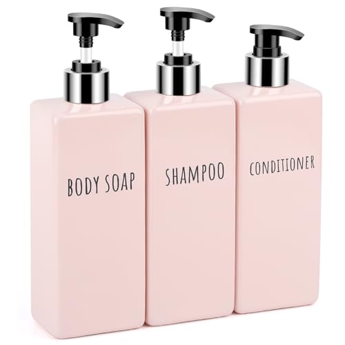 Image of Segbeauty 16.9oz Shower Bottles Refillable, 3 Pack of Shampoo and Conditioner Bottles for Bathroom, 500ml Plastic Square Soap Dispenser Set Lotion Dispenser Empty Press Pump Bottle Pink