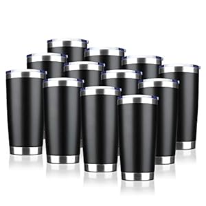 20oz Tumbler Bulk Stainless Steel Vacuum Insulated Tumblers with Lid Double Wall Travel Mug, Durable Powder Coated Coffee Cup, Suitable for Ice Drinks and Hot Beverage (Black 12pack)