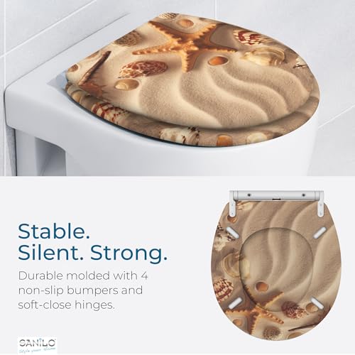 Image of Sanilo Wooden Toilet Seat with Quick Release & Soft Close [ROUND] - Decorative & Slow Close Molded Wood Seat - With One Click for Easy Installation & Cleaning - With Adjustable Fit (Sanibel)