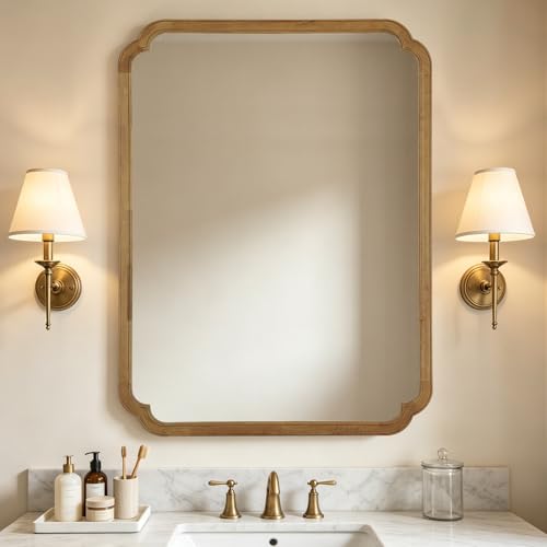 WallBeyond 36 x 48 Wood Bathroom Mirror for Wall Mounted Rustic Rounded Corner Wood Frame Wall Mirror for Entryway Living Room or Bedroom Home Decorative Natural
