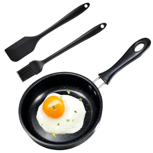 pozuauoa 3 Pcs 12cm Fried Egg Pan Set Including 1 Oil Brush and 1 Silicone Spatula Small Frying Pan Non Stick with Heat Resistant Handle for Making Omelets Pancakes and Daily Breakfast Dishes