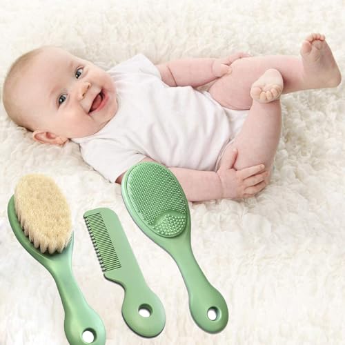 MolYuan 3PCS Baby Haarbürste und Kamm Set für Newborns & Toddlers- Soft Goat Bristle Hair Brush, Silicone Bath Brush and Baby Comb for Infant, Kids - Perfect Baby Registry Gift (Grün)