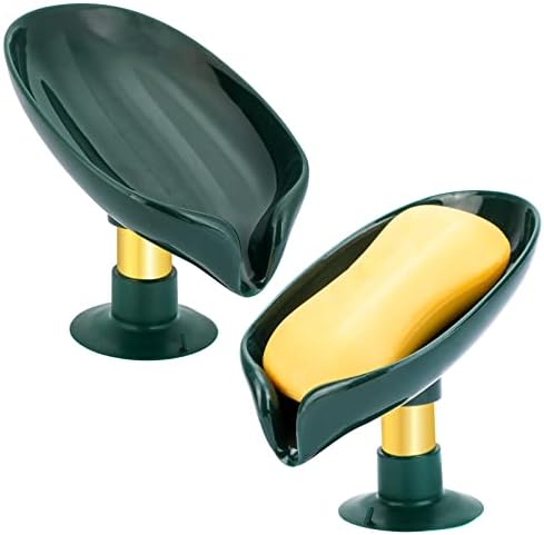 2PCS Soap Dish Holder in Elegant Leaf Shape, Self Draining Soap Holder, Bar Soap Holder Soap Saver with Suction Cup, Plastic Tray Holder for Shower Bathroom Tub Kitchen Sink