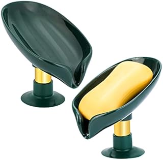 2PCS Soap Dish Holder in Elegant Leaf Shape, Self Draining Soap Holder, Bar Soap Holder Soap Saver with Suction Cup, Plastic Tray Holder for Shower Bathroom Tub Kitchen Sink