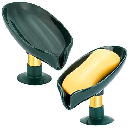 2 Piezas, Jabonera en Forma de Hoja Elegante, Caja de Jabón con Drenaje Automático, Bandeja de Jabón con Ventosa, Soporte para Bandeja de Plástico para Ducha, Baño, Bañera, Fregadero de Cocina