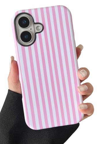 Longlayss Compatible with iPhone 16 Plus Case Cute Aesthetic Striped Phone Case for Women Girl Shockproof Slim TPU and Hard PC Protective Cover (Pink)