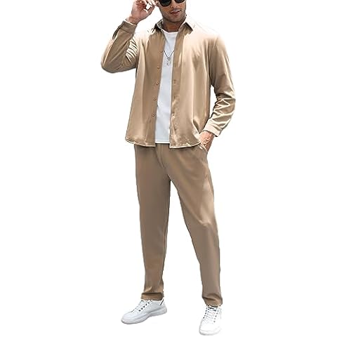 FZNHQL Men's Long Sleeve Sets Outfits Track Suit Button Down Shirt and Pant Sets Two Piece Outfit Sets for Casual Wear Khaki Brown Medium Cover