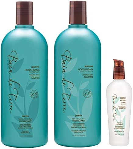 Bain de Terre Moisturizing Shampoo & Conditioner & Shine Serum | Jasmine | Dry & Damaged Hair | Argan & Monoi Oils | 33.8 Fl Oz