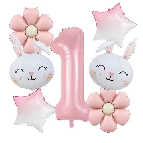 7PCS Rabbit Daisy Balloons Decorations with 32 Inch Pink Number 1 Balloons for Easter Bunny Theme Birthday Party Kids Toy Gifts (1st Birthday)