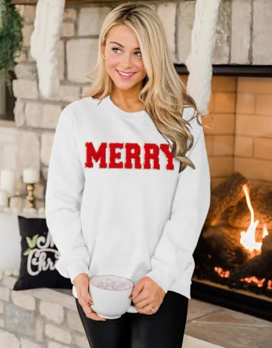 MAPICK Merry Christmas Sweatshirts for Women Glitter Patch Letter Shirts Chenille Oversized Pullover Winter Warm Tops(White,X-Large) — view 4