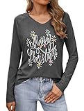 Terecey Camiseta Mujer Navidad con Estampado Navideño Camiseta Navideña Mujer de Manga Larga Ropa Navidad Casual para Fiesta Familia y Regalo