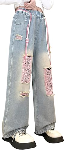 Happy Cherry Girls Straight Leg Ripped Jeans High Waist Elastic Denim Pants Loose Distressed Trousers for Kids Girls