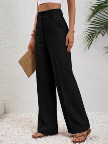 Image of TOPLOT High Waist Korean Trousers for Woman | Premium Wide Leg Palazzo Pant | Full Length with Dual Button & Elastic Band | Comfortable Office Wear & Business Casual Trouser (5272)