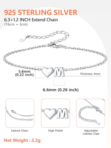Silvora 925 Sterling Silver Dainty Initial Bracelet with Heart - 6.3" + 2" Adjustable Personalized 26 Letter Bracelet Jewelry Heart Bracelet for Women4