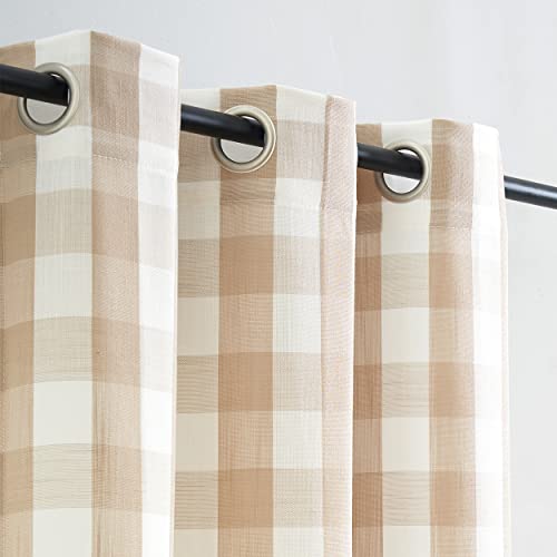 Jubilantex 2 Pieces Buffalo Check Semi Sheer Curtain Panels Tan And White Plaid Textured Curtains Drapery, Farmhouse Grommet Window Drapes For Living Room Bedroom, 40''X63'' #TOP2