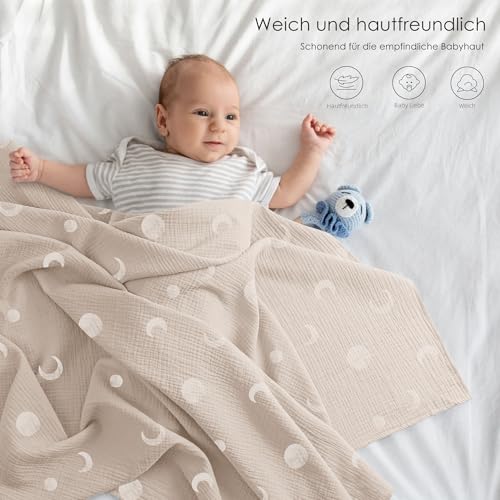 Bearmoss Baby Pucktuch Musselin Decke 100% Baumwolle Dünne Atmungsaktive Babydecke Baby Swaddle Decke Tücher für Junge und Mädchen 3 Stück 96x102cm (Mond)