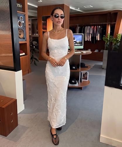 Curvphilo Women's 3D Embroidery Satin Floral Mesh Bodycon Maxi Dress White - image 9