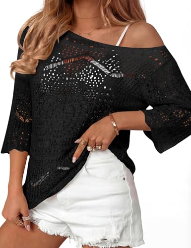 Image of Rapbin Womens Crochet Hollow Out Knit Tops 3 /4 Sleeve Spring Summer Sweaters Beach Cover Ups for Women Trendy 2026
