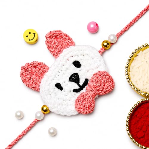 Image of Designer Bunny Bear Crochet Rakhi Made With Soft Cotton Thread | Bunny Bear Rakhi For Kids