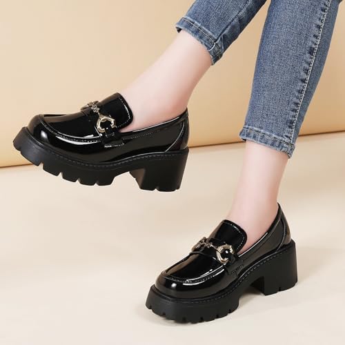 Image of Platform Loafers for Women Comfort Womens Loafers Chunky Heel Penny Loafer Heels Business Casual Comfortable Dressy Slip Ons Work Office Women's Shoes