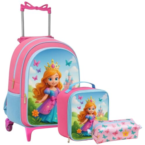 Kit Mochila Escolar Infantil Feminino Princesa com Rodinhas + Lancheira Térmica + Estojo