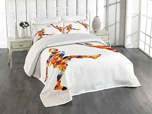 Ambesonne Sports Coverlet, Abstract Design with Football Soccer Players in Geometrical Colorful Shapes Print, 3 Piece Decorative Quilted Bedspread Set with 2 Pillow Shams, Queen Size, Lime Green White