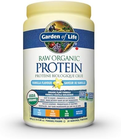 Garden of Life Raw Organic Protein, Vanilla, 620g. Packed with 22 Grams of Certified Plant Protein, including organic peas grown and processed in Canada. Assists in building and repairs muscles. Loaded with 14 organic sprouted grains, seeds and legumes, with probiotics and enzymes added to promote comfortable and efficient digestion.