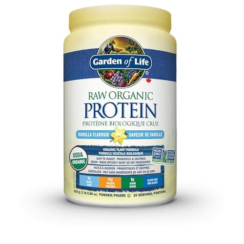 Garden of Life Raw Organic Protein, Vanilla, 624g. Packed with 22 Grams of Certified Organic Plant Protein, including organic peas grown and processed in Canada. Assists in building and repairs muscles. Loaded with 14 organic sprouted grains, seeds and legumes, with probiotics and enzymes added to promote comfortable and efficient digestion