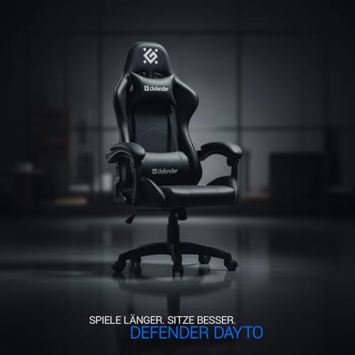 Defender® DAYTO Gaming Stuhl, Ergonomischer PC Stuhl, bequemer Bürostuhl für Home Office oder Gamer-Sessel, Kopfkissen, Höhenverstellbar, Computerstuhl, PU-Leder, Schwarz